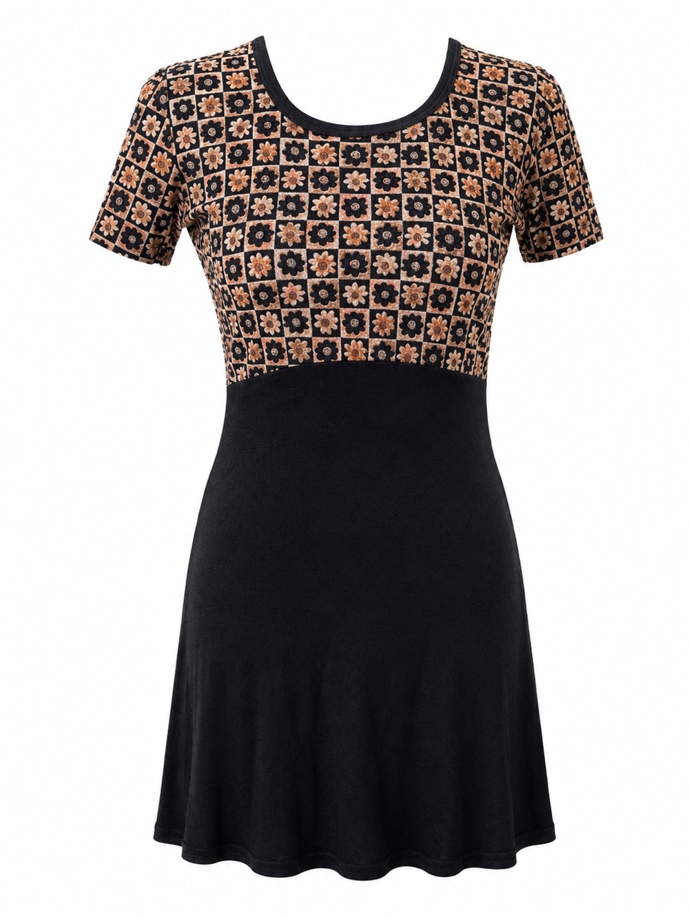 Vintage Hana Floral Mod Checkerboard Empire Waist Mini Dress Cottagecore S